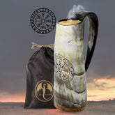 Viking Hot & Cold Coffee Mug | Viking Compass Engraved | Gift Bag | Unique Color Genuine Ox Horn